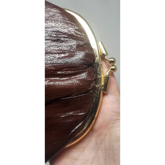 Vtg Eel Skin Leather Double Kiss Lock Brown Gold Coin Change Clutch Wallet 7x5.5 - Picture 4 of 14